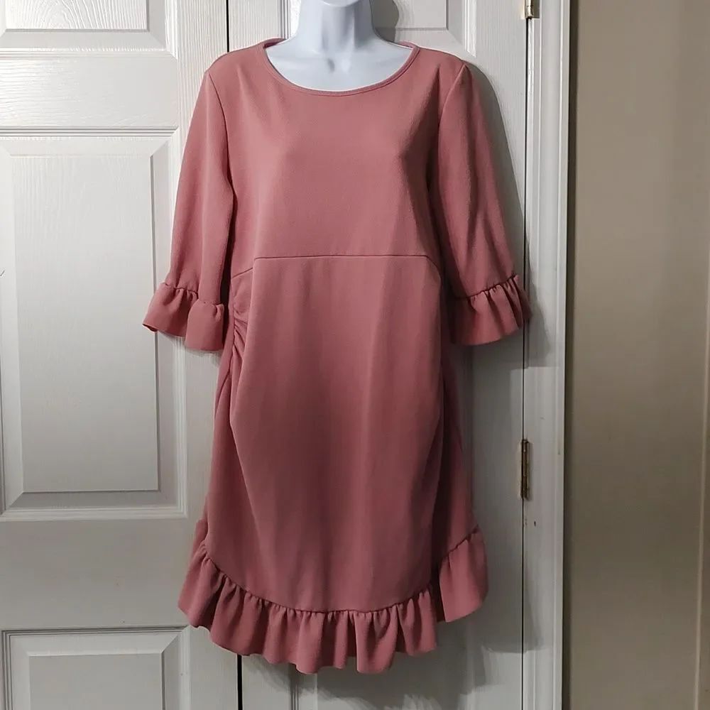 Maternity Boohoo Mauve Desert Rose Curve Hem Ruffle Shift Dress Sz 10 NWOT